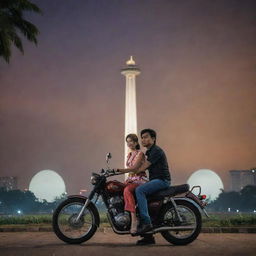 Form an artistic novel cover featuring a man and woman on a motorbike in front of the Jakarta Monas. The monument stands illuminated, forming a striking contrast with the vibrant city life of Jakarta in the background.