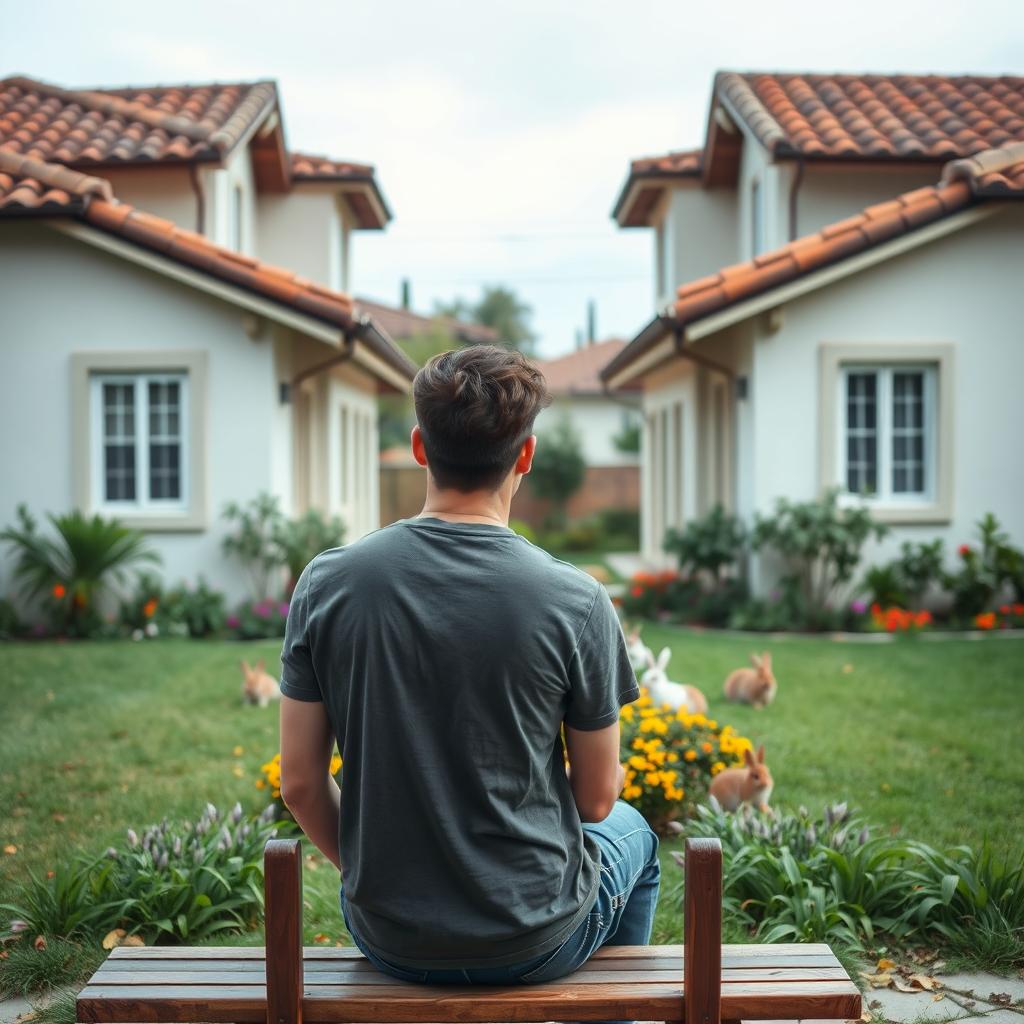 A young man with his back turned, casually sitting on a wooden bench, in front of two identical Spanish-style houses, each featuring tiled roofs and white stucco walls, separated by a lush garden