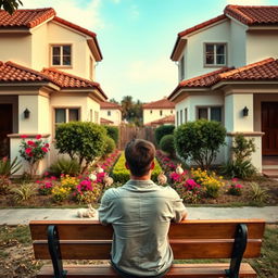 A young man with his back turned, casually sitting on a wooden bench, in front of two identical Spanish-style houses, each featuring tiled roofs and white stucco walls, separated by a lush garden