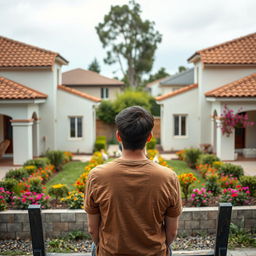 A young man with his back turned, casually sitting on a wooden bench, in front of two identical Spanish-style houses, each featuring tiled roofs and white stucco walls, separated by a lush garden