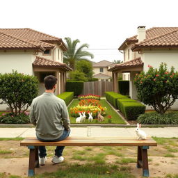 A young man with his back turned, casually sitting on a wooden bench, in front of two identical Spanish-style houses, each featuring tiled roofs and white stucco walls, separated by a lush garden