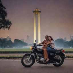 Form an artistic novel cover featuring a man and woman on a motorbike in front of the Jakarta Monas. The monument stands illuminated, forming a striking contrast with the vibrant city life of Jakarta in the background.