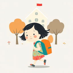 A cute girl with a backpack going to kindergarten, illustrated in the charming style of Jon Klassen