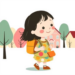 A cute girl with a backpack going to kindergarten, illustrated in the charming style of Jon Klassen