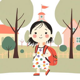 A cute girl with a backpack going to kindergarten, illustrated in the charming style of Jon Klassen