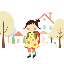 A cute girl with a backpack going to kindergarten, illustrated in the charming style of Jon Klassen