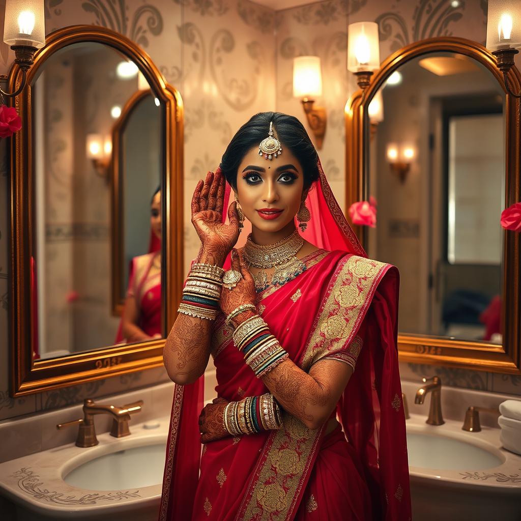 A stunning Indian bride, adorned with intricate henna designs and beautiful jewelry, is seen in a luxurious bathroom