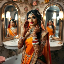 A stunning Indian bride, adorned with intricate henna designs and beautiful jewelry, is seen in a luxurious bathroom