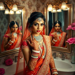 A stunning Indian bride, adorned with intricate henna designs and beautiful jewelry, is seen in a luxurious bathroom