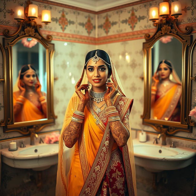 A stunning Indian bride, adorned with intricate henna designs and beautiful jewelry, is seen in a luxurious bathroom