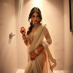 A beautifully adorned Indian bride, showcasing intricate henna designs on her hands and feet, with elaborate jewelry including heavy gold necklaces and earrings