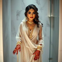 A beautifully adorned Indian bride, showcasing intricate henna designs on her hands and feet, with elaborate jewelry including heavy gold necklaces and earrings