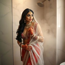 A beautifully adorned Indian bride, showcasing intricate henna designs on her hands and feet, with elaborate jewelry including heavy gold necklaces and earrings