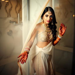 A beautifully adorned Indian bride, showcasing intricate henna designs on her hands and feet, with elaborate jewelry including heavy gold necklaces and earrings