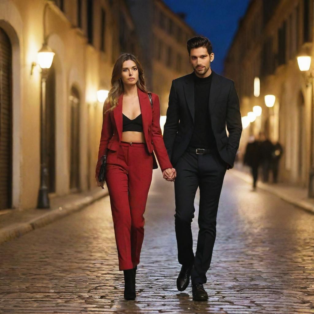 Alter the image to showcase the couple sporting the latest Italian street fashion. Their stylish and edgy outfits give them a hip, modern look amidst the vibrant night scene of a lively Italian street, beautifully lit by classical street lamps.