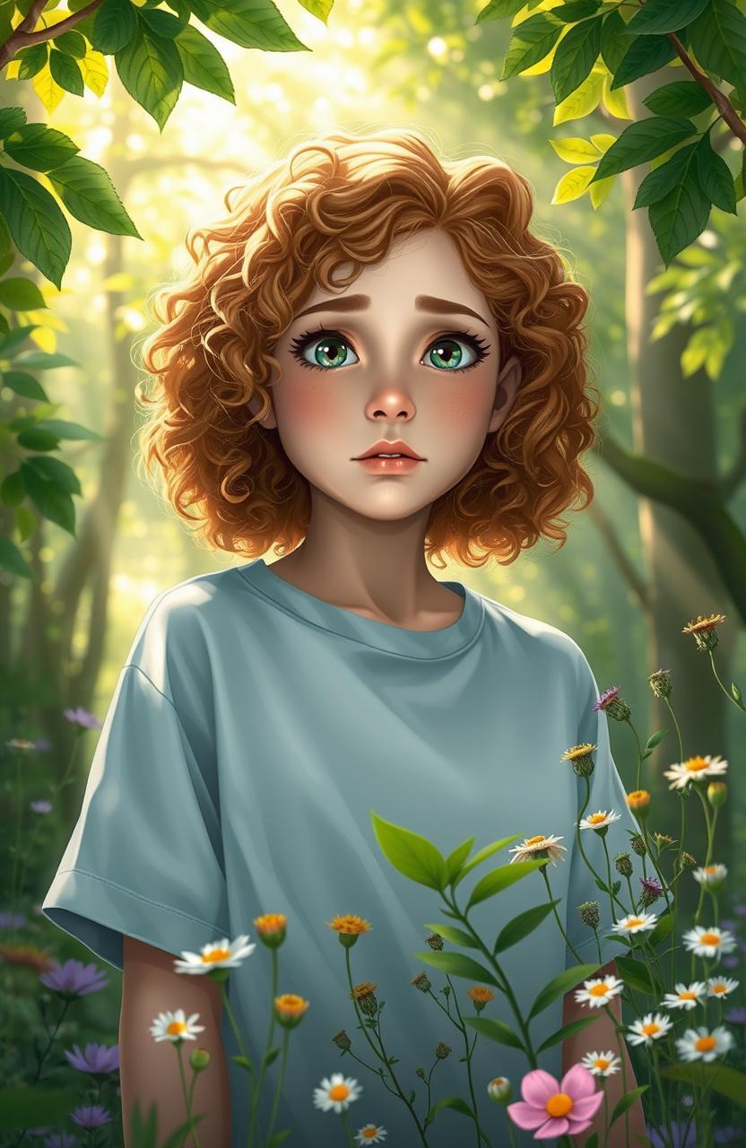 A digital artwork featuring a 17-year-old girl with curly, chestnut-blonde hair and fair skin, dressed in a hospital patient gown, awakening in a lush forest