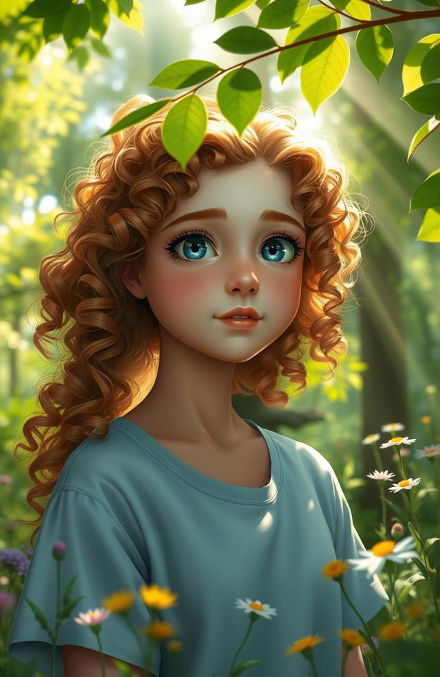 A digital artwork featuring a 17-year-old girl with curly, chestnut-blonde hair and fair skin, dressed in a hospital patient gown, awakening in a lush forest