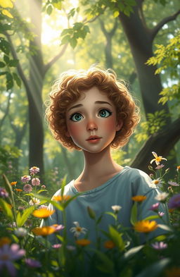 A digital artwork featuring a 17-year-old girl with curly, chestnut-blonde hair and fair skin, dressed in a hospital patient gown, awakening in a lush forest