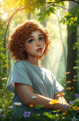 A digital artwork featuring a 17-year-old girl with curly, chestnut-blonde hair and fair skin, dressed in a hospital patient gown, awakening in a lush forest