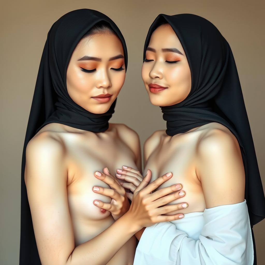 Two beautiful 18-year-old Indonesian women standing closely together, each gently holding the other's natural breasts with closed eyes