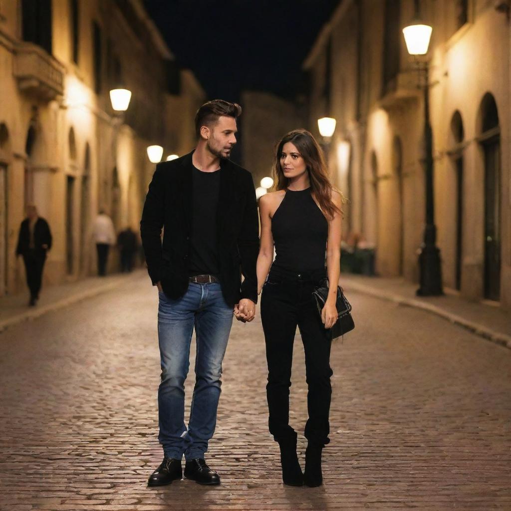 Alter the image to showcase the couple sporting the latest Italian street fashion. Their stylish and edgy outfits give them a hip, modern look amidst the vibrant night scene of a lively Italian street, beautifully lit by classical street lamps.