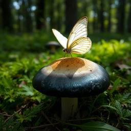 A toxic mushroom with a shiny black mucosa sitting on a lush green forest floor