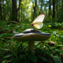 A toxic mushroom with a shiny black mucosa sitting on a lush green forest floor