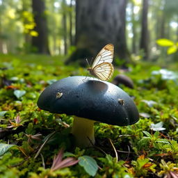 A toxic mushroom with a shiny black mucosa sitting on a lush green forest floor