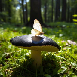 A toxic mushroom with a shiny black mucosa sitting on a lush green forest floor