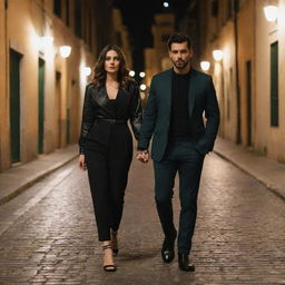 Alter the image to showcase the couple sporting the latest Italian street fashion. Their stylish and edgy outfits give them a hip, modern look amidst the vibrant night scene of a lively Italian street, beautifully lit by classical street lamps.