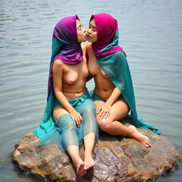 Two beautiful Indonesian girls, 18 years old, sitting on a large rock in the center of a serene river