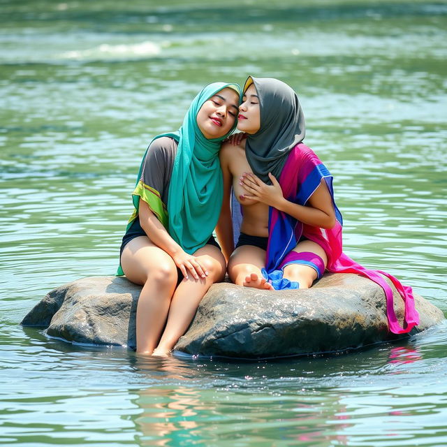 Two beautiful Indonesian girls, 18 years old, sitting on a large rock in the center of a serene river