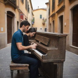 Revise the image to show the couple, in the latest street fashion, passionately involved in playing an old, weathered piano. The lively and illuminated Italian street serves as the perfect backdrop for this modern yet classical scene.