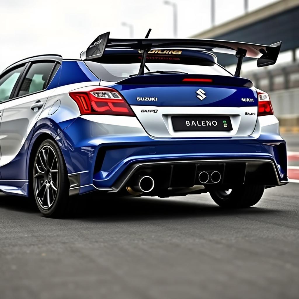 A modified Suzuki Baleno sports car featuring an aggressive rear wing spoiler and dual-tip exhaust diffuser