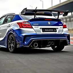 A modified Suzuki Baleno sports car featuring an aggressive rear wing spoiler and dual-tip exhaust diffuser