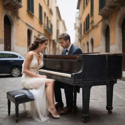 Revise the image to show the couple, in the latest street fashion, passionately involved in playing an old, weathered piano. The lively and illuminated Italian street serves as the perfect backdrop for this modern yet classical scene.