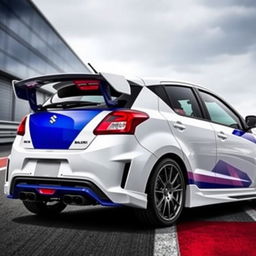 A modified Suzuki Baleno sports car featuring an aggressive rear wing spoiler and dual-tip exhaust diffuser