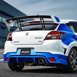 A modified Suzuki Baleno sports car featuring an aggressive rear wing spoiler and dual-tip exhaust diffuser