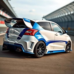 A modified Suzuki Baleno sports car featuring an aggressive rear wing spoiler and dual-tip exhaust diffuser