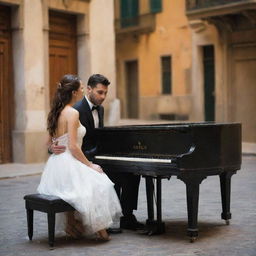 Revise the image to show the couple, in the latest street fashion, passionately involved in playing an old, weathered piano. The lively and illuminated Italian street serves as the perfect backdrop for this modern yet classical scene.