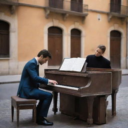 Revise the image to show the couple, in the latest street fashion, passionately involved in playing an old, weathered piano. The lively and illuminated Italian street serves as the perfect backdrop for this modern yet classical scene.