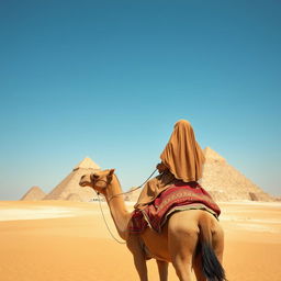 A woman wearing a traditional veil riding elegantly on a camel in a vast desert landscape