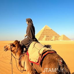 A woman wearing a traditional veil riding elegantly on a camel in a vast desert landscape