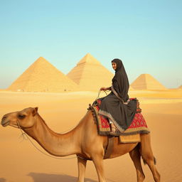 A woman wearing a traditional veil riding elegantly on a camel in a vast desert landscape