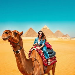 A woman wearing stylish sunglasses riding a camel in the middle of a vast desert