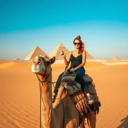 A woman wearing stylish sunglasses riding a camel in the middle of a vast desert