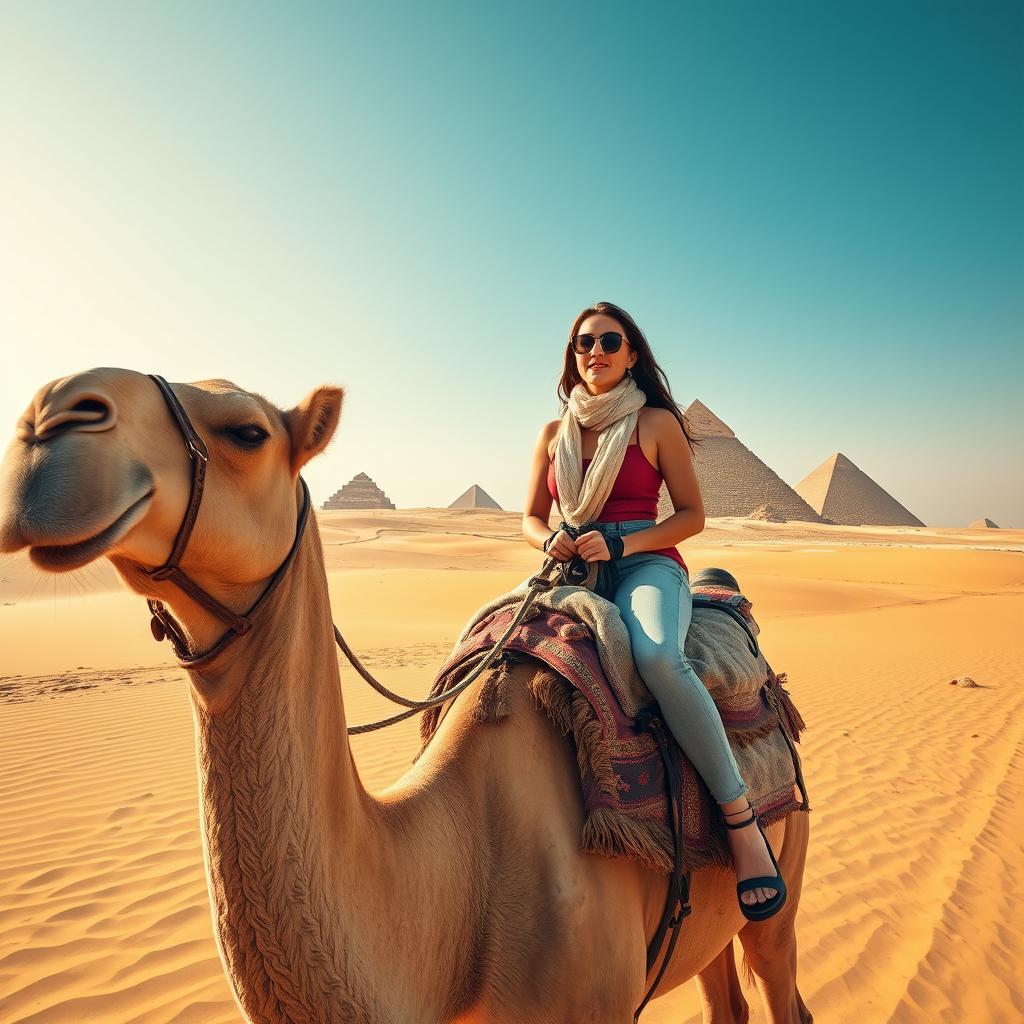 A woman wearing stylish sunglasses riding a camel in the middle of a vast desert