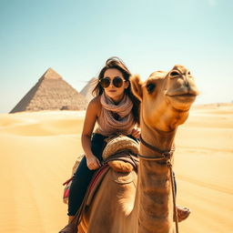 A woman wearing stylish sunglasses riding a camel in the middle of a vast desert