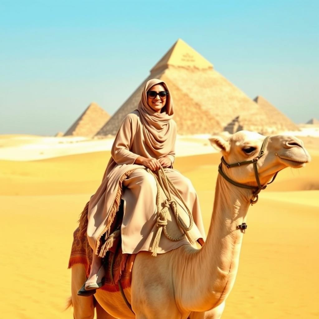 An Arab woman wearing stylish sunglasses riding gracefully on a camel in the vast desert