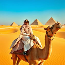 An Arab woman wearing stylish sunglasses riding gracefully on a camel in the vast desert